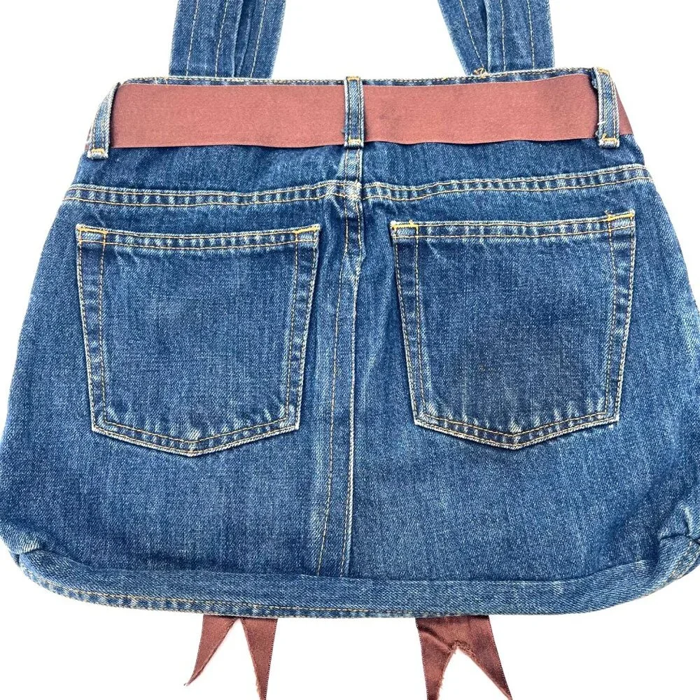 Upcycled Denim Handbag Purse Chic Beaded Pockets & Brown Ribbon FM Jeans Button - Picture 7 of 14
